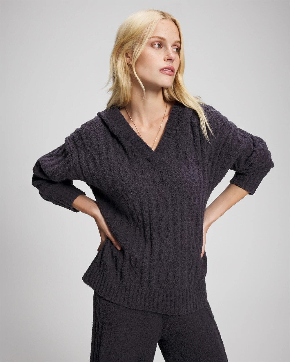 Cable Knit Plush Hoodie - GRAY INK | Soma Women
