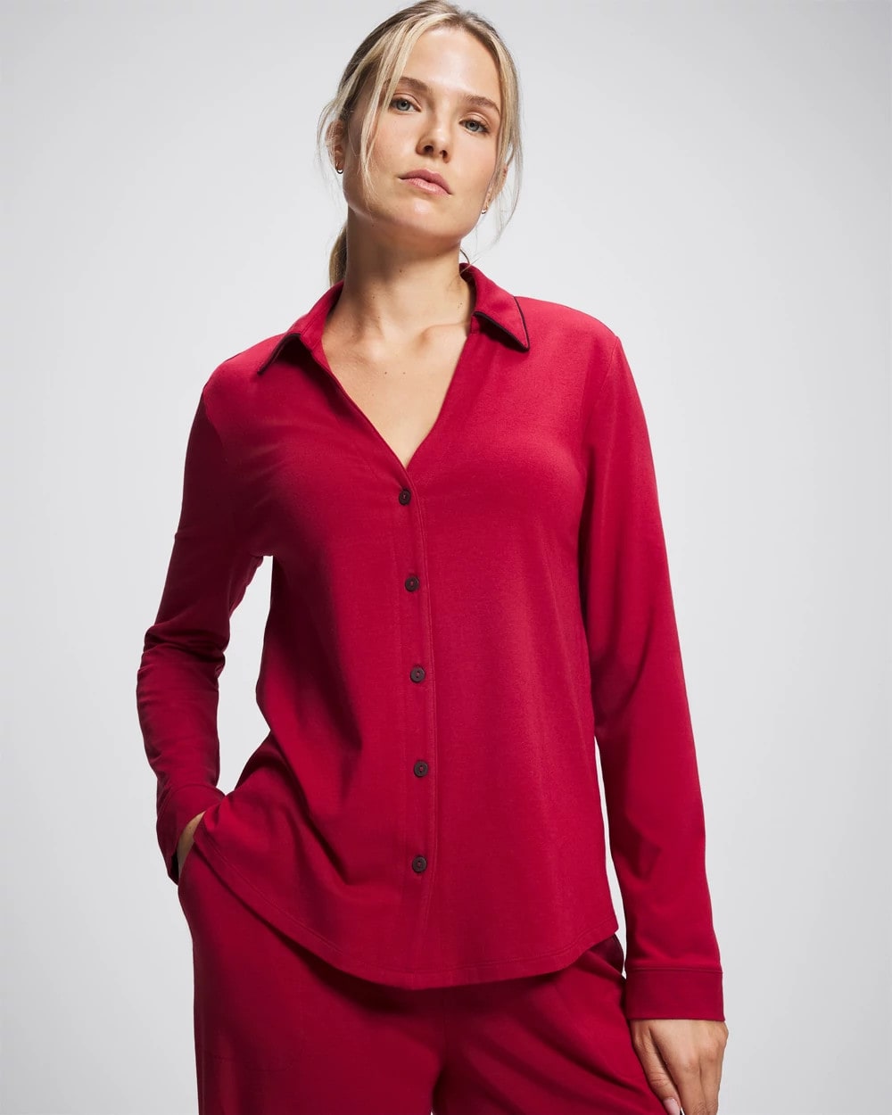 Long-Sleeve Notch Collar Pajama Top - PAINT THE TOWN RED | Soma Women