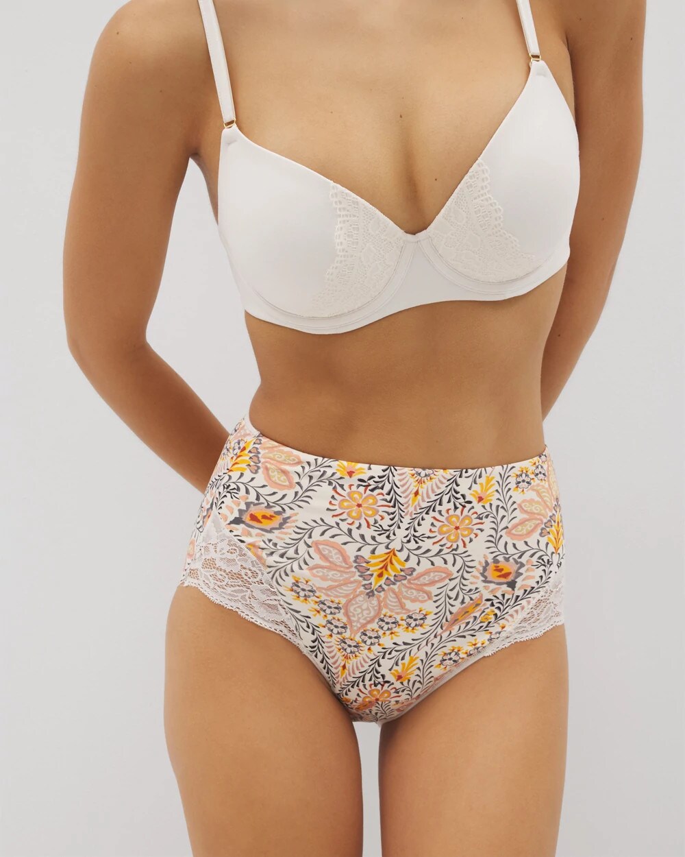 Tummy High-Waist Brief Panty with Lace - VINE PAISLEY CHAMPAGNE M | Soma Women