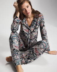 Cool Nights Long Sleeve Notch Collar with Piped Placket Pajama Top - REGAL PAISLEY BLACK | Soma Women
