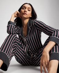 Cool Nights Long Sleeve Notch Collar with Piped Placket Pajama Top - MIDNIGHT STRIPE GREEN JOL | Soma Women