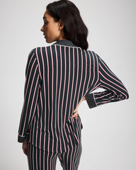 Cool Nights Long Sleeve Notch Collar with Piped Placket Pajama Top - MIDNIGHT STRIPE GREEN JOL | Soma Women