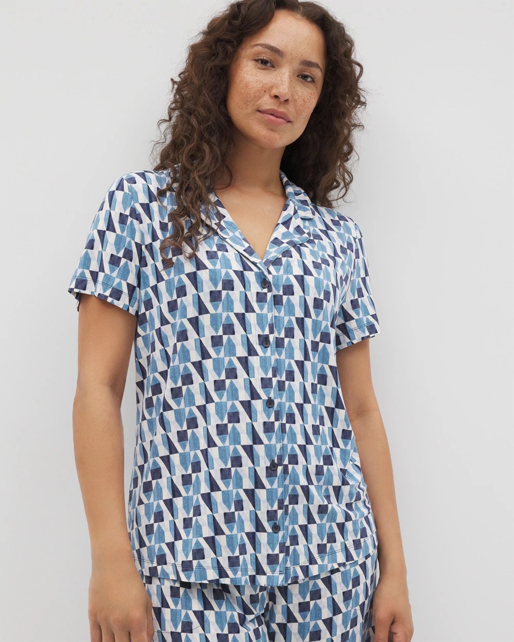 Short Sleeve Notch Collar Pajama Top - PRISM GEO MID NAVY | Soma Women