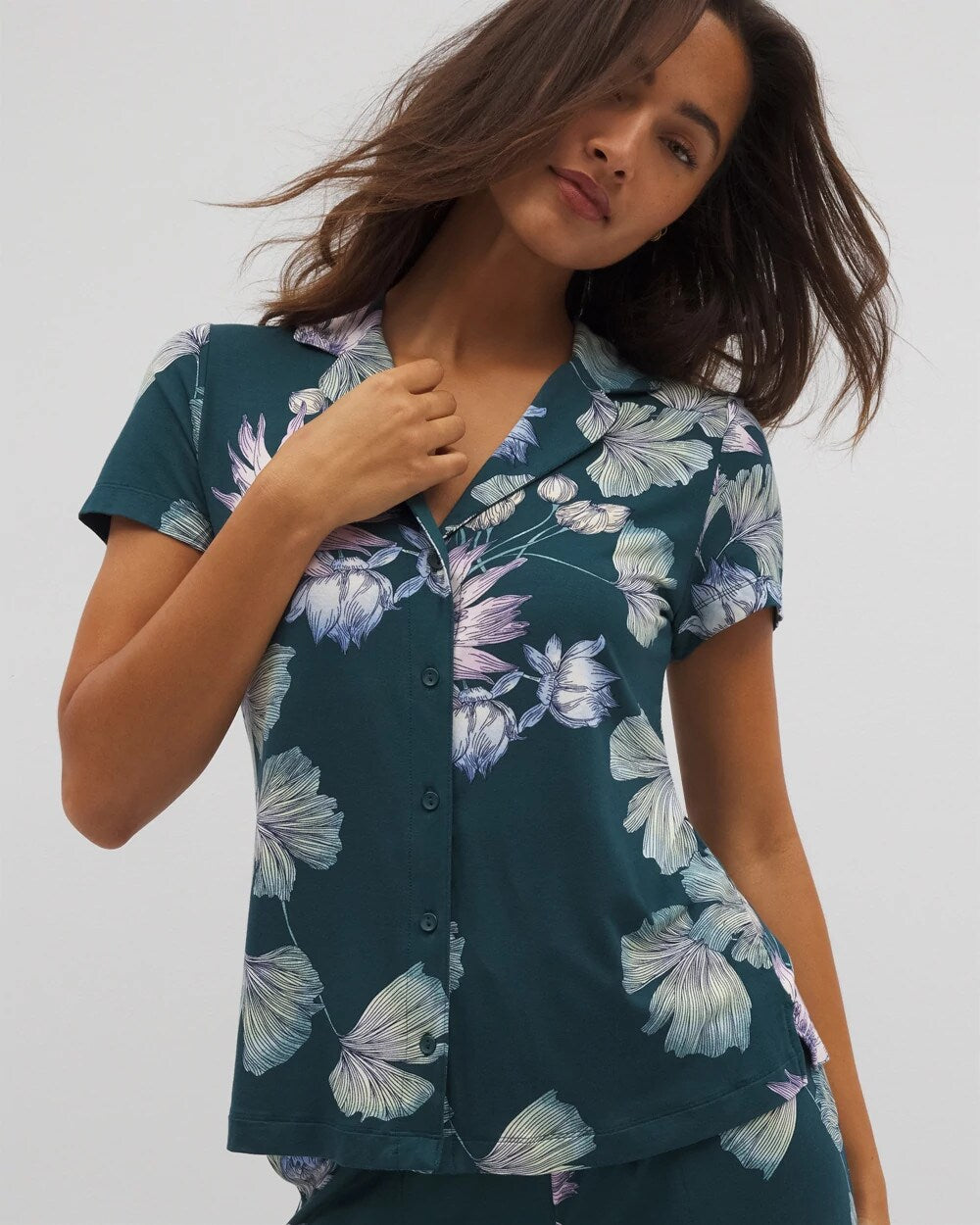 Short Sleeve Notch Collar Pajama Top - HAVEN BOTANICAL DARK SEA | Soma Women