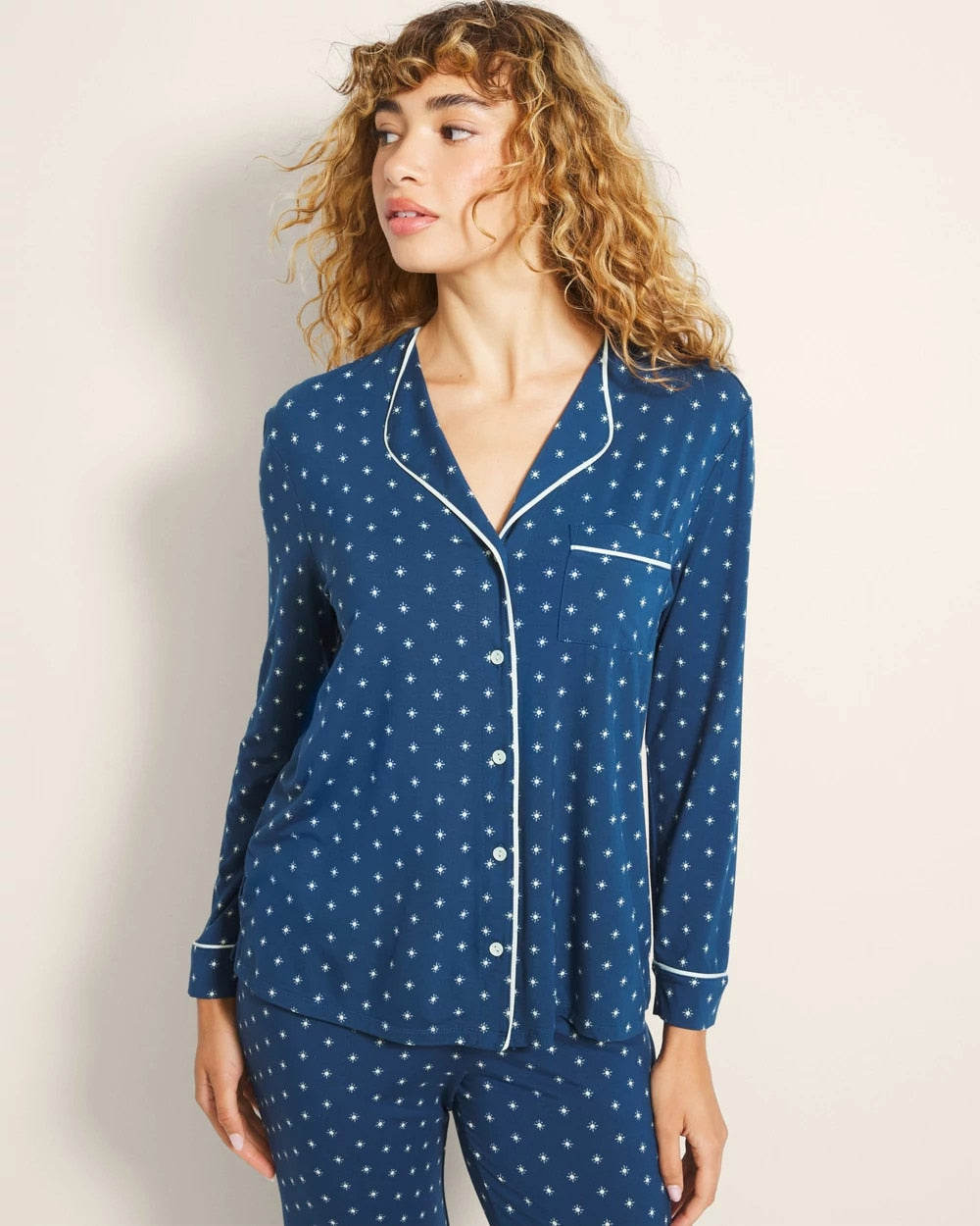 Piped Long-Sleeve Notch Pajama Top - CELEBRATED DOT BLUE | Soma Women