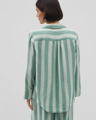 Cotton Gauze Long Sleeve Notch Collar Pajama Top - TEAL STRIPE | Soma Women