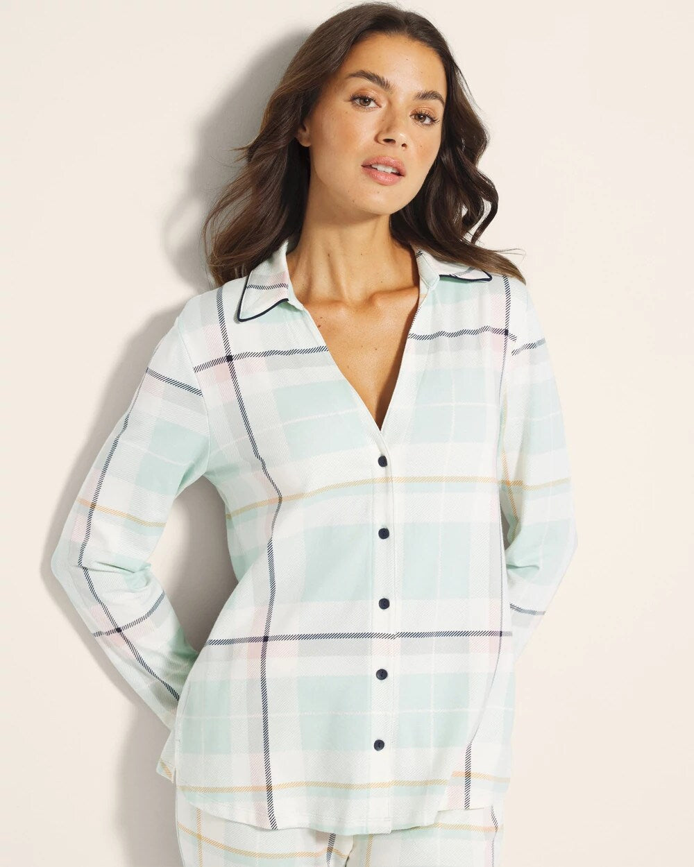 Long-Sleeve Notch Collar Pajama Top - SNUGGLE UP PLAID GREEN | Soma Women