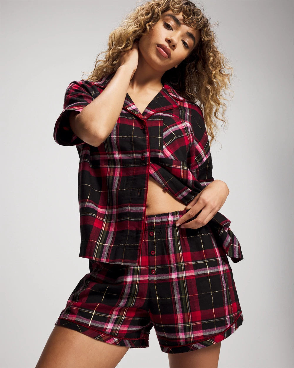 Velvet Piped Boxer Pajama Short - MAD FOR PLAID BLACK | Soma Women