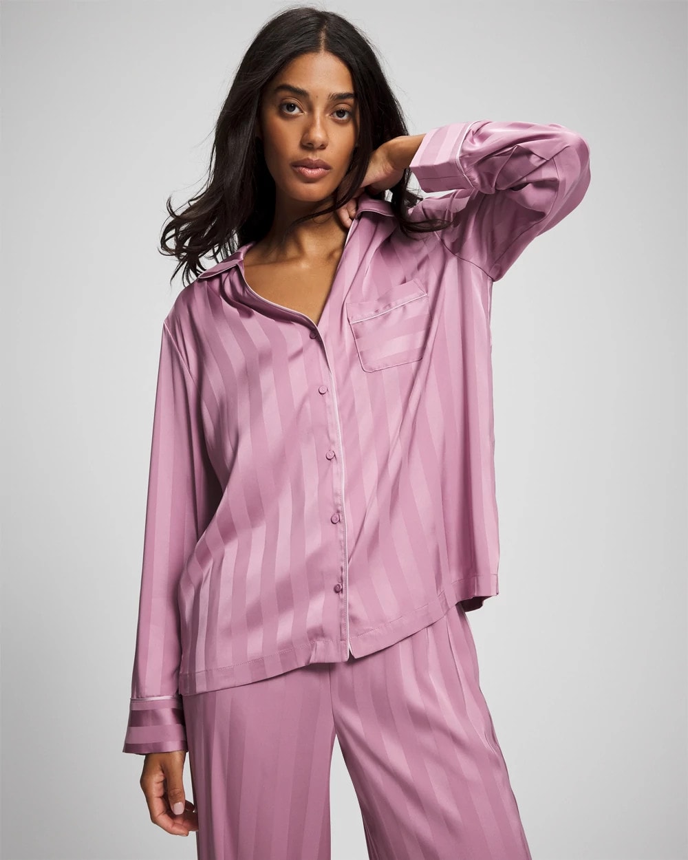 Shadow Stripe Long Sleeve Pajama Notch Collar Top - LILAC WINE | Soma Women