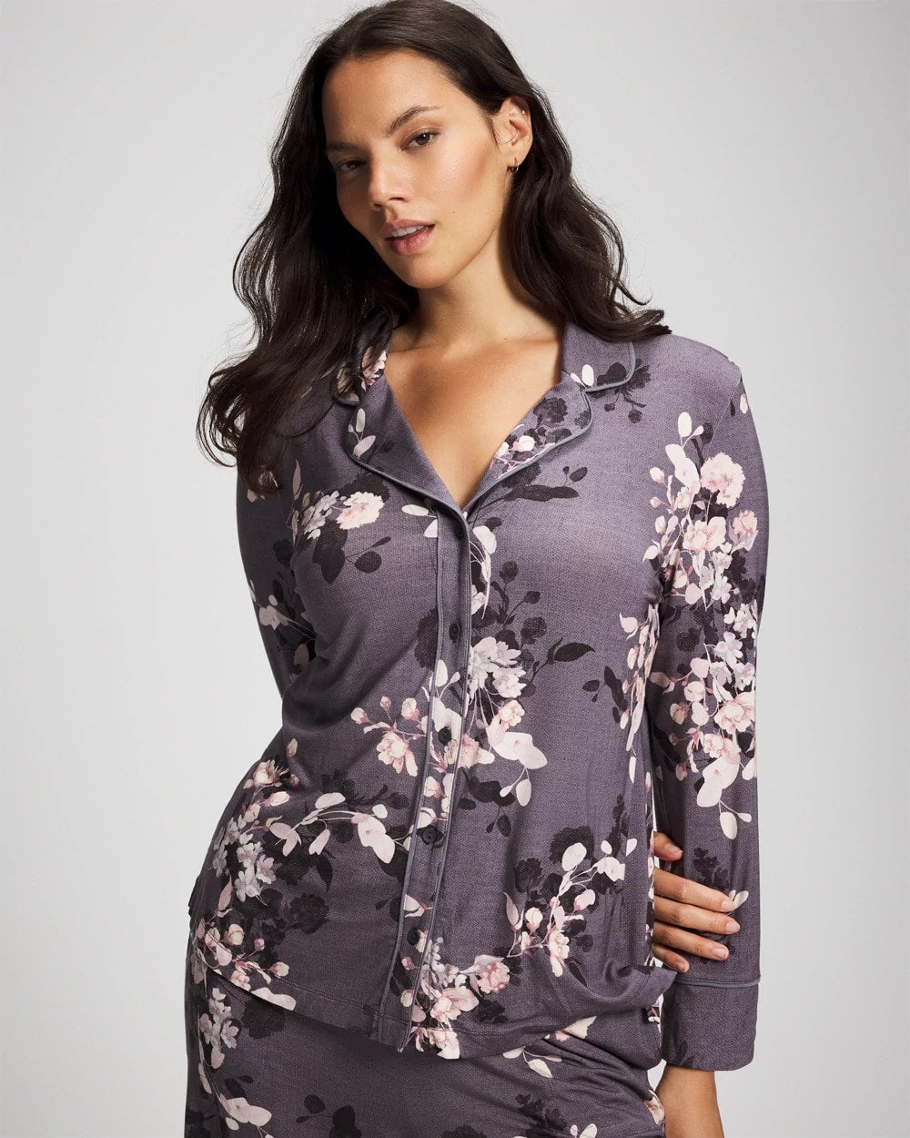 Long-Sleeve Printed Notch Collar Pajama Top - FLORAL DREAMS GRAY | Soma Women