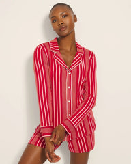 Long-Sleeve Printed Notch Collar Pajama Top - ASPEN STRIPE RED | Soma Women