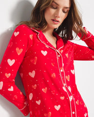 Long-Sleeve Printed Notch Collar Pajama Top - LOVELY HEART RED | Soma Women