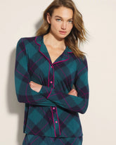 Long-Sleeve Printed Notch Collar Pajama Top - BUNDLE UP PLAID BIAS TEAL | Soma Women