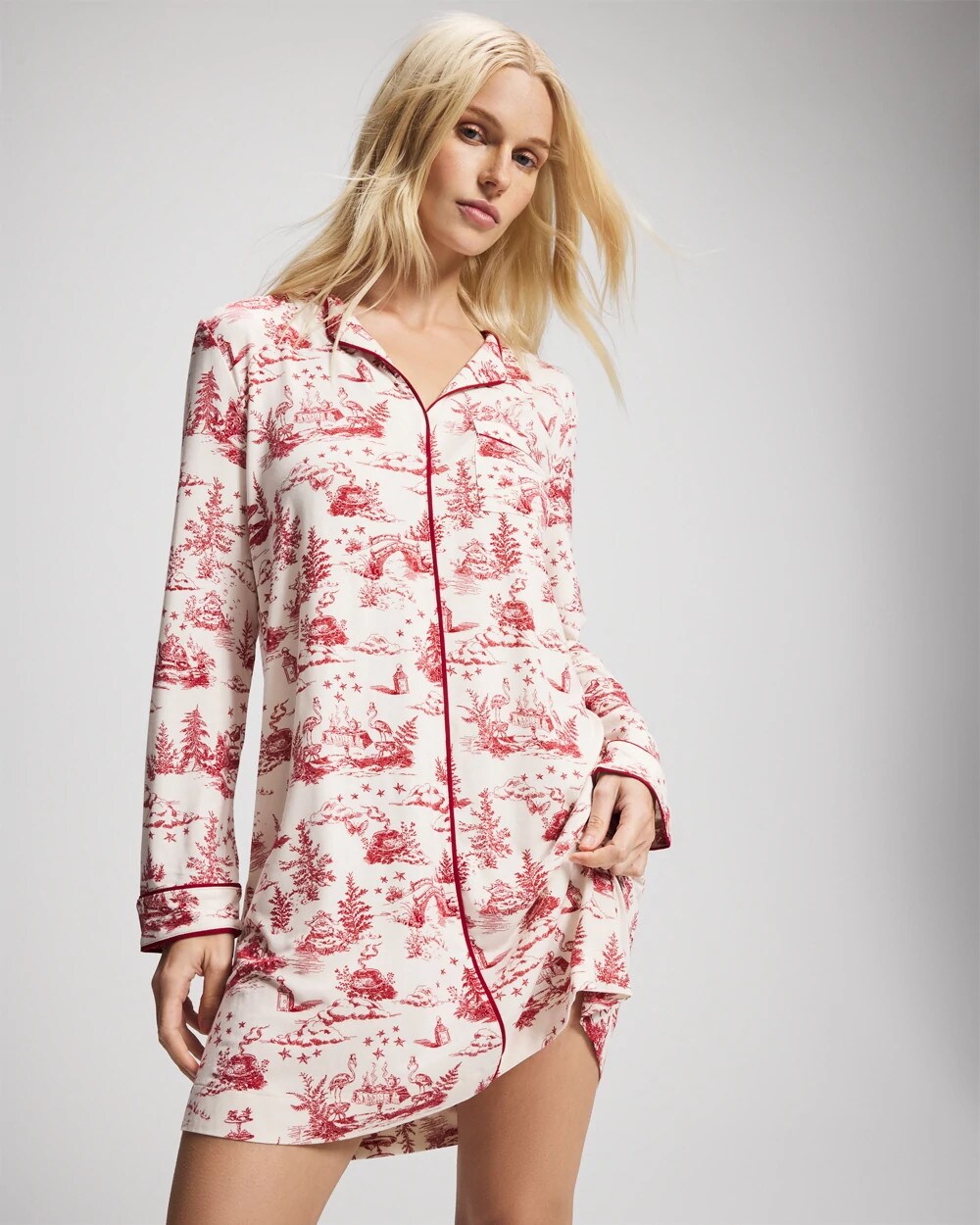 Piped Long-Sleeve Sleepshirt - ENCHANTED TOILE CHAMPAGNE | Soma Women