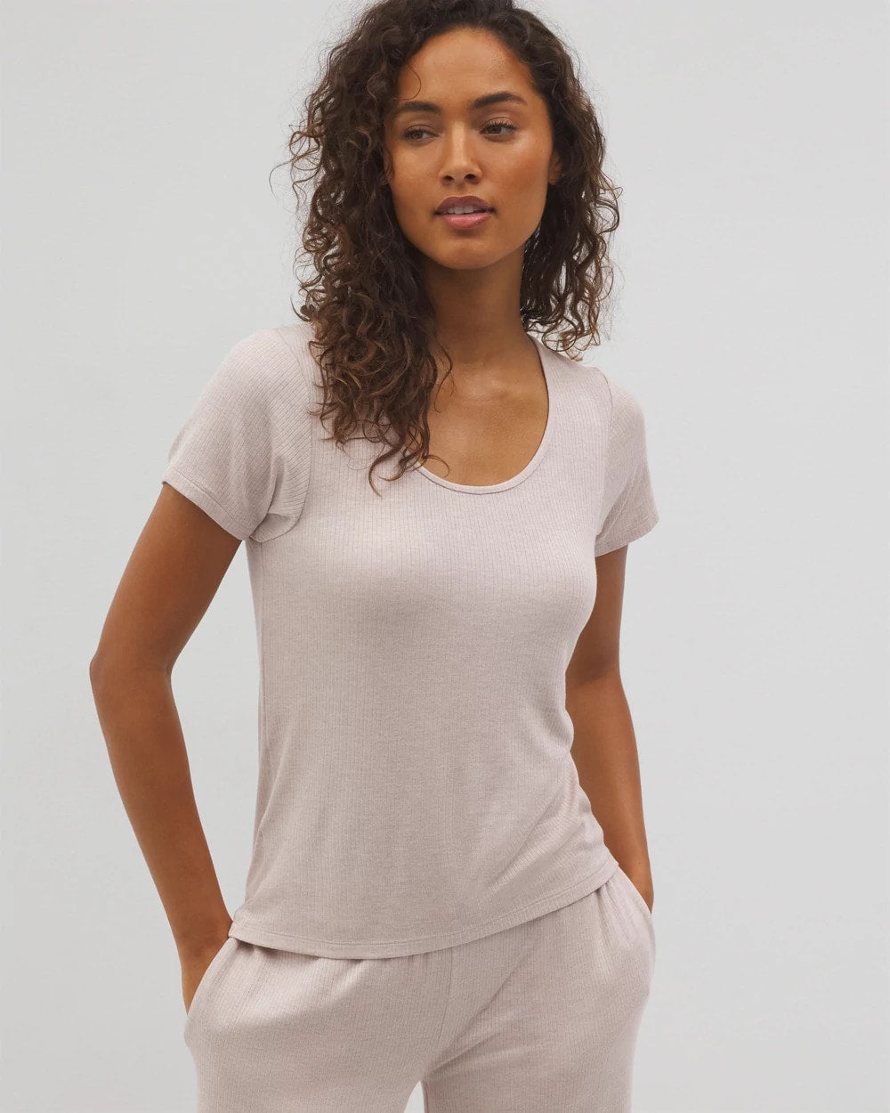 Lightweight Rib Knit Short Sleeve Pajama Tee - HEATHER BARELY THERE | Soma Women