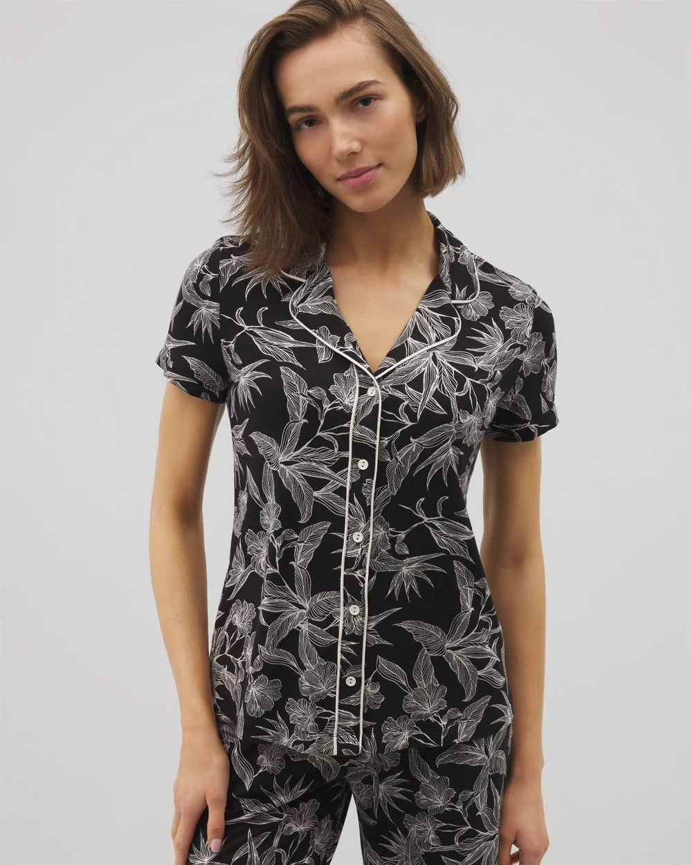 Piped Short Sleeve Notch Collar Pajama Top - PLUMERIA BLOOMS BLK CH | Soma Women