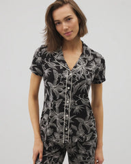 Piped Short Sleeve Notch Collar Pajama Top - PLUMERIA BLOOMS BLK CH | Soma Women