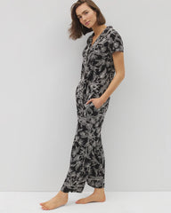 Piped Short Sleeve Notch Collar Pajama Top - PLUMERIA BLOOMS BLK CH | Soma Women