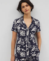 Piped Short Sleeve Notch Collar Pajama Top - PLUMERIA DREAM NAVY | Soma Women
