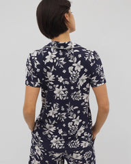 Piped Short Sleeve Notch Collar Pajama Top - PLUMERIA DREAM NAVY | Soma Women
