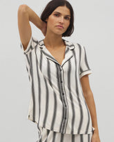 Piped Short Sleeve Notch Collar Pajama Top - HAMPTON STRIPE BLACK | Soma Women