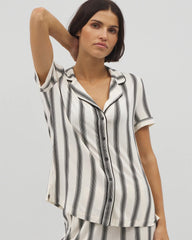 Piped Short Sleeve Notch Collar Pajama Top - HAMPTON STRIPE BLACK | Soma Women