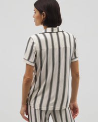 Piped Short Sleeve Notch Collar Pajama Top - HAMPTON STRIPE BLACK | Soma Women