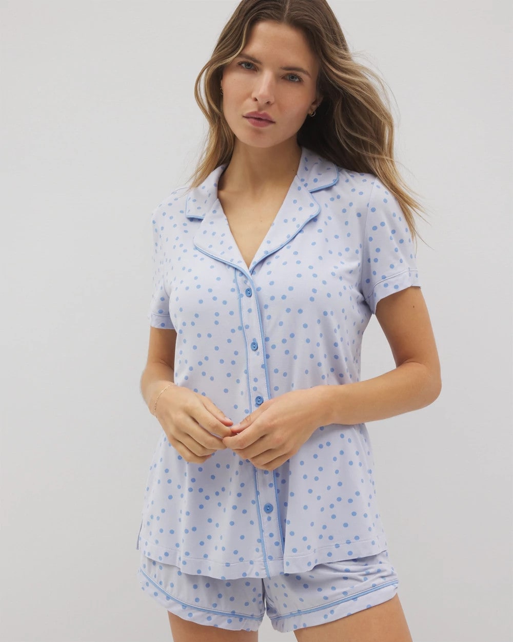 Piped Short Sleeve Notch Collar Pajama Top - MERRY DOT OCEAN AIR | Soma Women