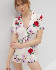 Piped Short Sleeve Notch Collar Pajama Top - RHAPSODY FLORAL SUGAR | Soma Women
