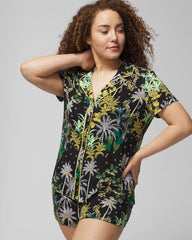 Piped Short Sleeve Notch Collar Pajama Top - OASIS PALMS BLACK/WS | Soma Women