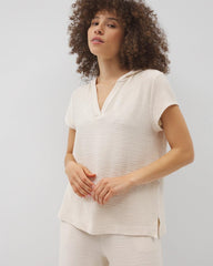 Crinkle Knit Short Sleeve V-Neck Hoodie - PARCHMENT | Soma Women