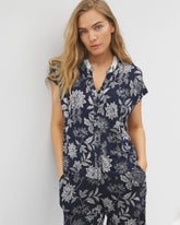Mandarin Collar Short Sleeve Pajama Top - MEANDERING GARDEN NAVY | Soma Women