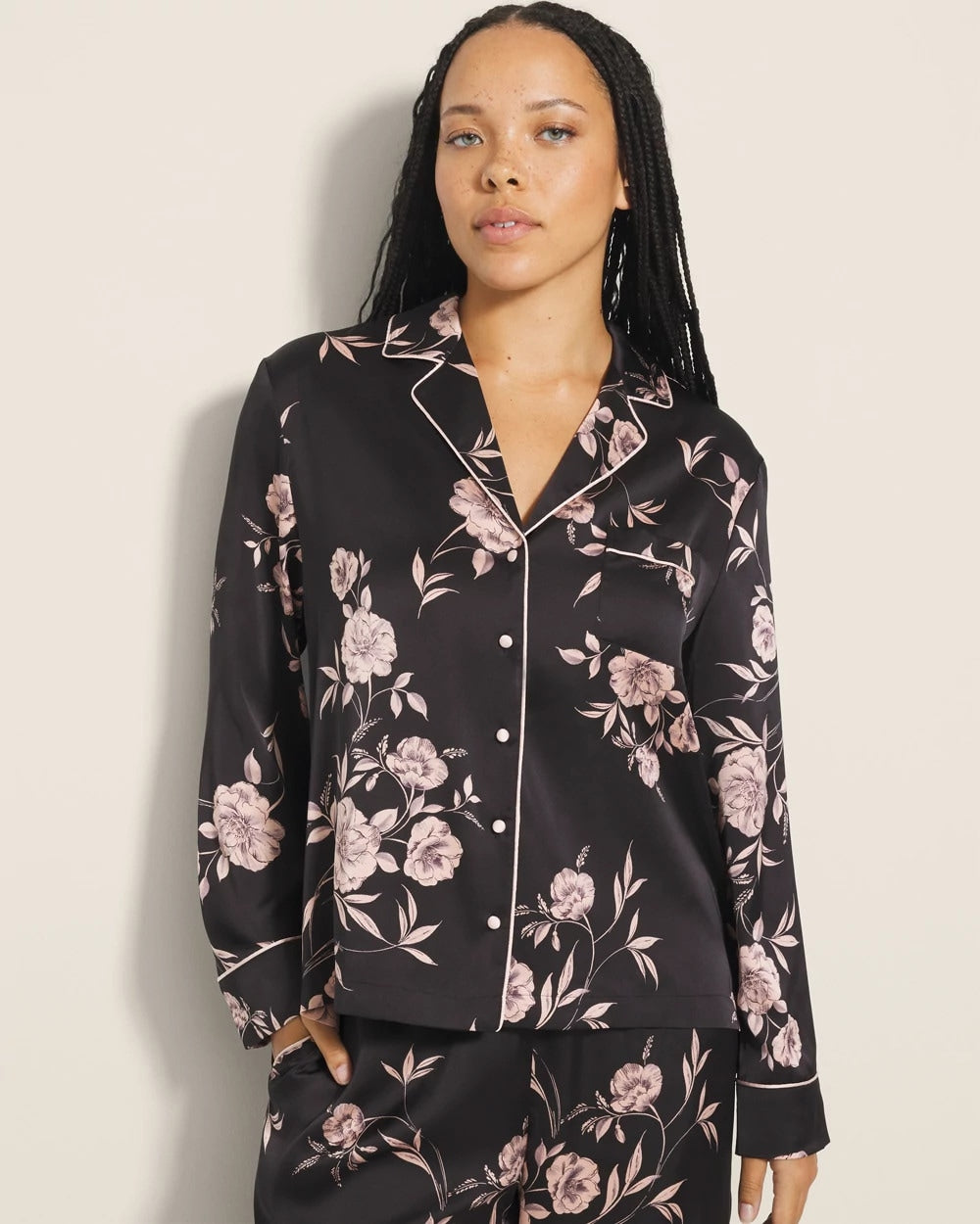 Long-Sleeve Notch Collar Pajama Top - NOSTALGIA FLORA BLACK | Soma Women