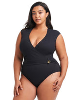Pique Ole Cap Sleeve Surplice One Piece - BLACK | Soma Women