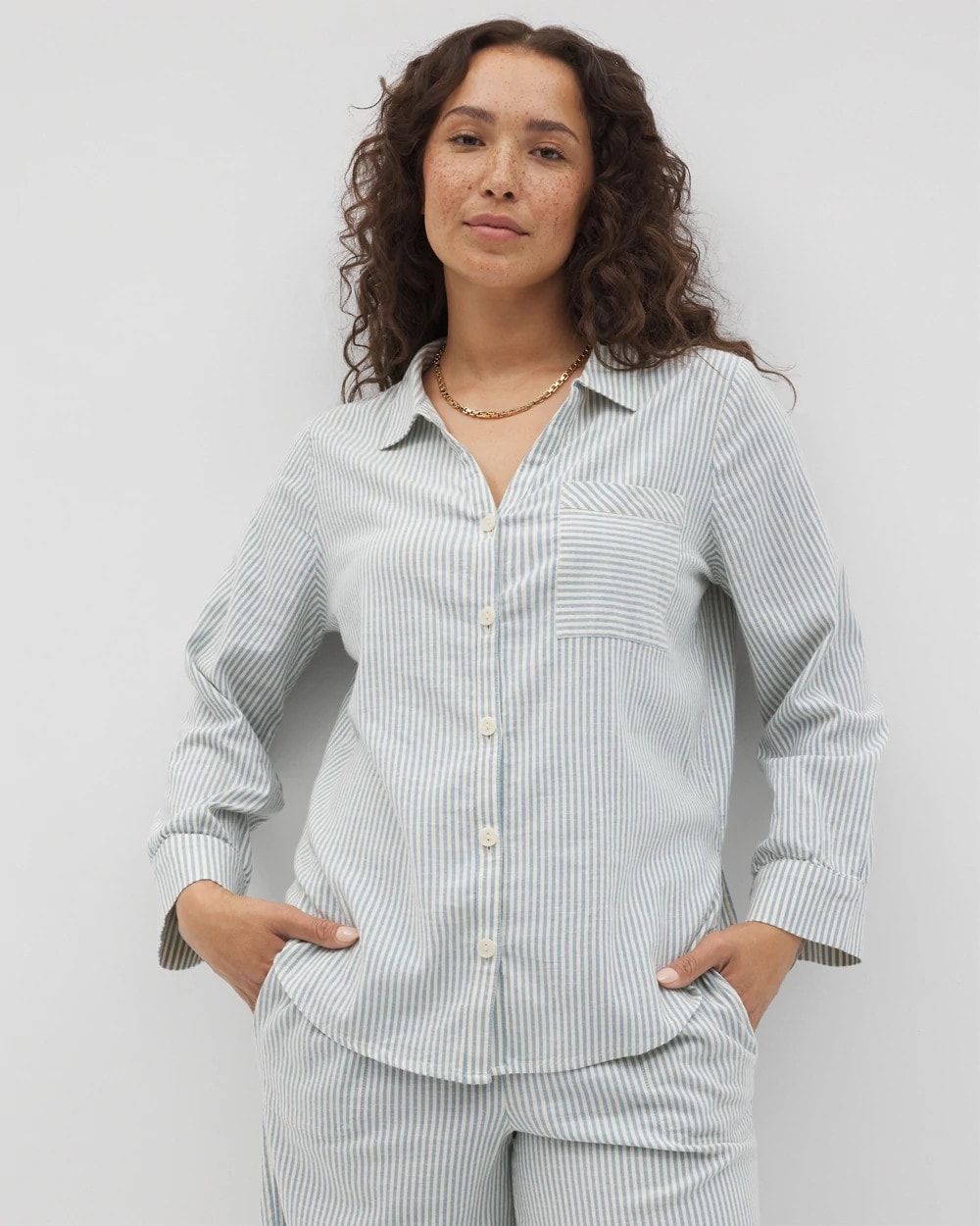 Beach Cotton Long Sleeve Button-Up - BLUE HEAVEN STRIPE | Soma Women