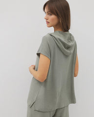Crinkle Knit Short Sleeve V-Neck Hoodie - RESTORATION GREEN | Soma Women