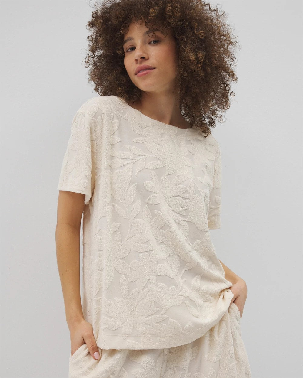 Jacquard Terry Short Sleeve Top - PARCHMENT | Soma Women
