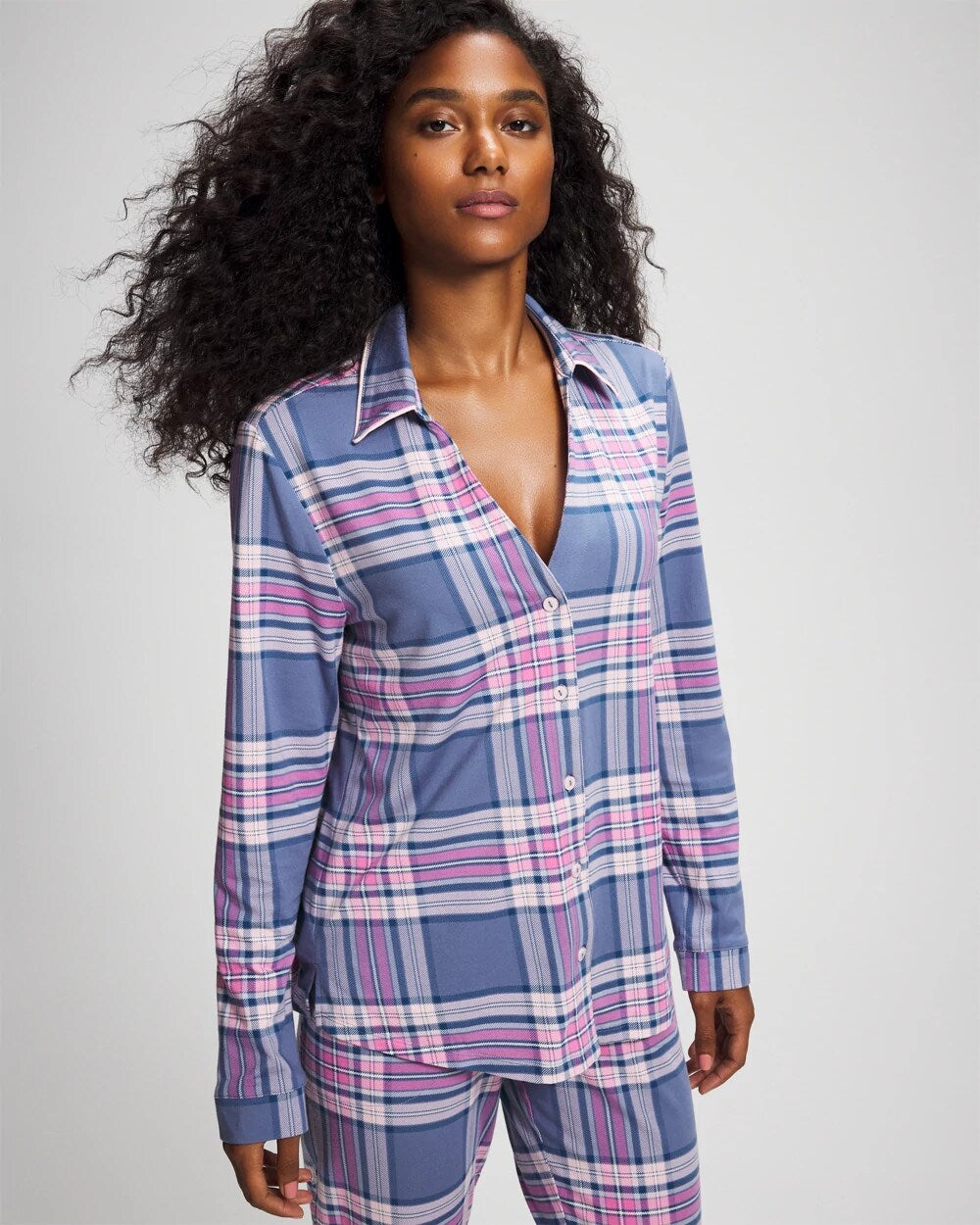 Long-Sleeve Notch Collar Pajama Top - PRETTY PLAID SUNDOWN | Soma Women