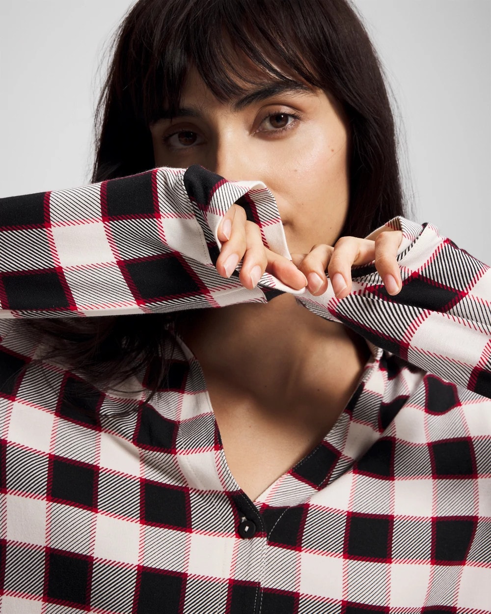 Long-Sleeve Notch Collar Pajama Top - DREAMSCAPE PLAID BLACK | Soma Women