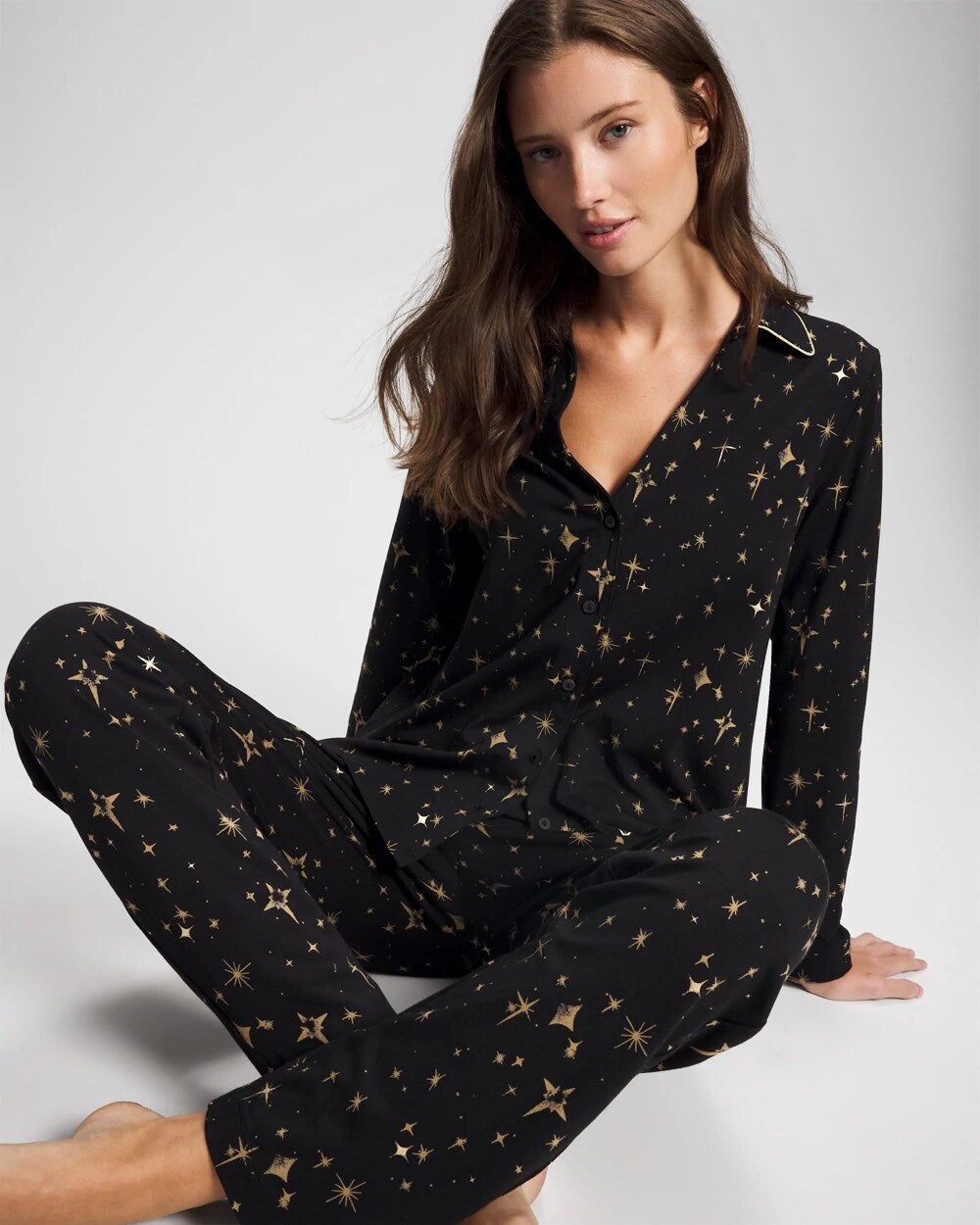 Long-Sleeve Notch Collar Pajama Top - STELLAR SCENE BLACK/FOIL | Soma Women