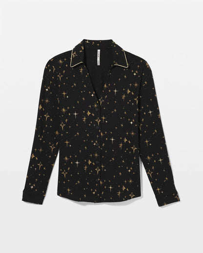 Long-Sleeve Notch Collar Pajama Top - STELLAR SCENE BLACK/FOIL | Soma Women