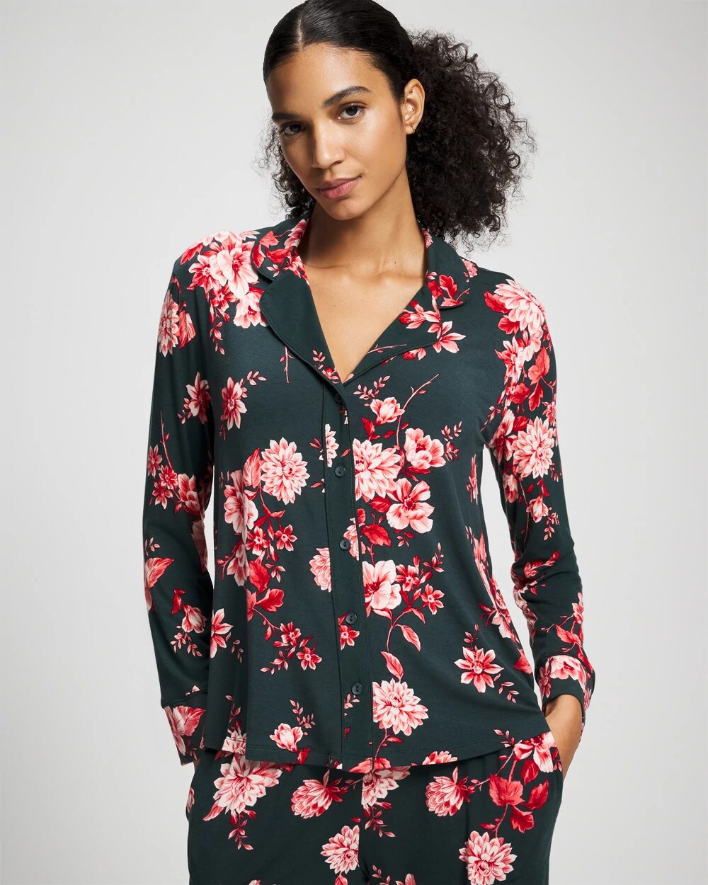 Cool Nights Long Sleeve Notch Collar with Piped Placket Pajama Top - COTTAGE FLORAL GREEN | Soma Women