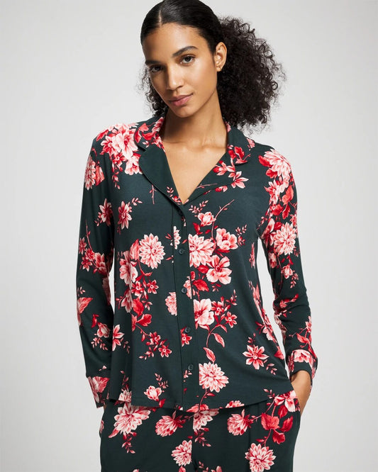 Cool Nights Long Sleeve Notch Collar with Piped Placket Pajama Top - COTTAGE FLORAL GREEN | Soma Women