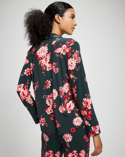 Cool Nights Long Sleeve Notch Collar with Piped Placket Pajama Top - COTTAGE FLORAL GREEN | Soma Women