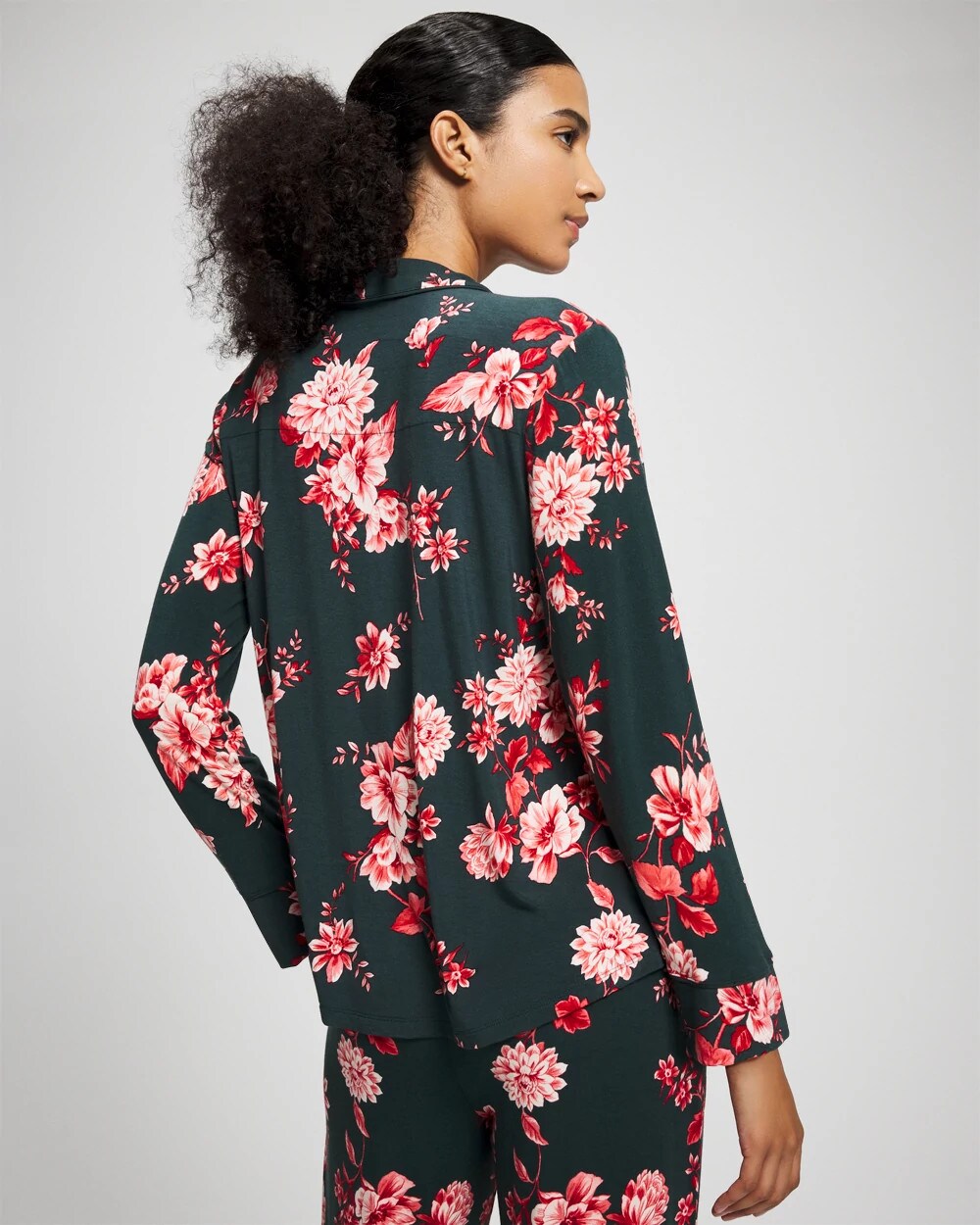 Cool Nights Long Sleeve Notch Collar with Piped Placket Pajama Top - COTTAGE FLORAL GREEN | Soma Women