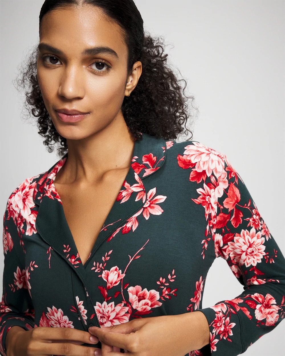 Cool Nights Long Sleeve Notch Collar with Piped Placket Pajama Top - COTTAGE FLORAL GREEN | Soma Women