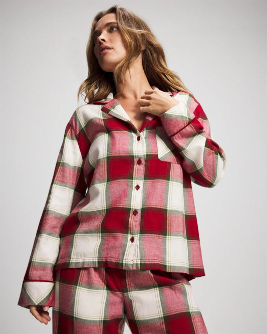 Long-Sleeve Notch Collar Pajama Top - WINTER PLAID RED | Soma Women