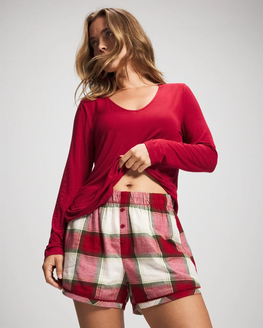 Velvet Piped Boxer Pajama Short - WINTER PLAID RED | Soma Women