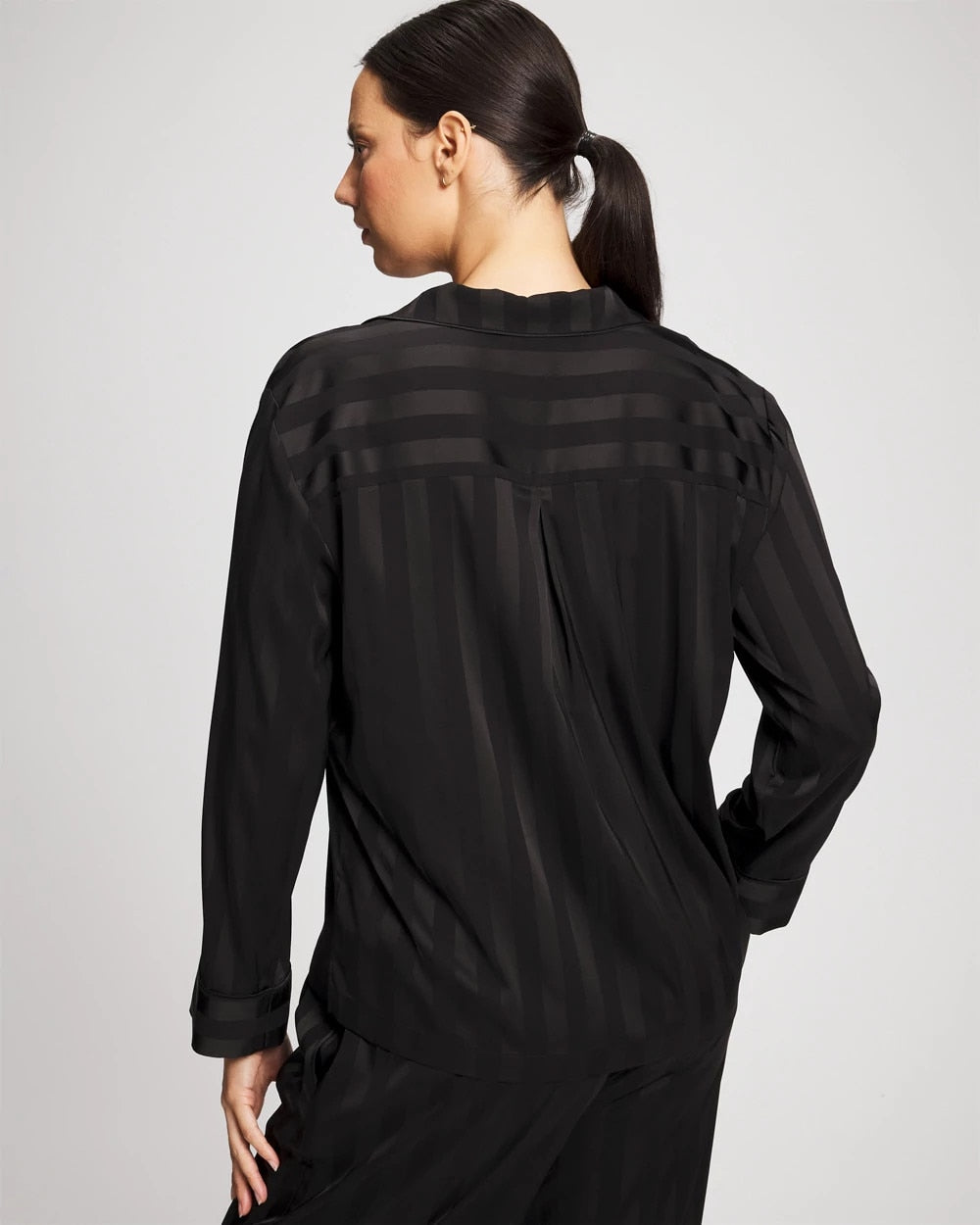 Shadow Stripe Long Sleeve Pajama Notch Collar Top - BLACK | Soma Women