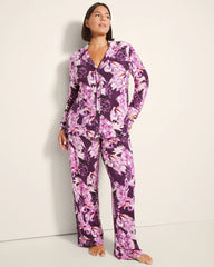 Long-Sleeve Printed Notch Collar Pajama Top - COURTING CRANES BLKBRY | Soma Women